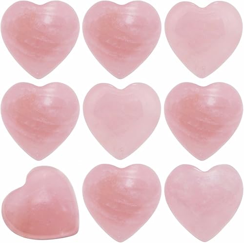SUNYIK Paquete de 10 palmeras curativas de cuarzo rosa natural con bolsillo y corazón, 10 unidades (0.5 pulgadas)