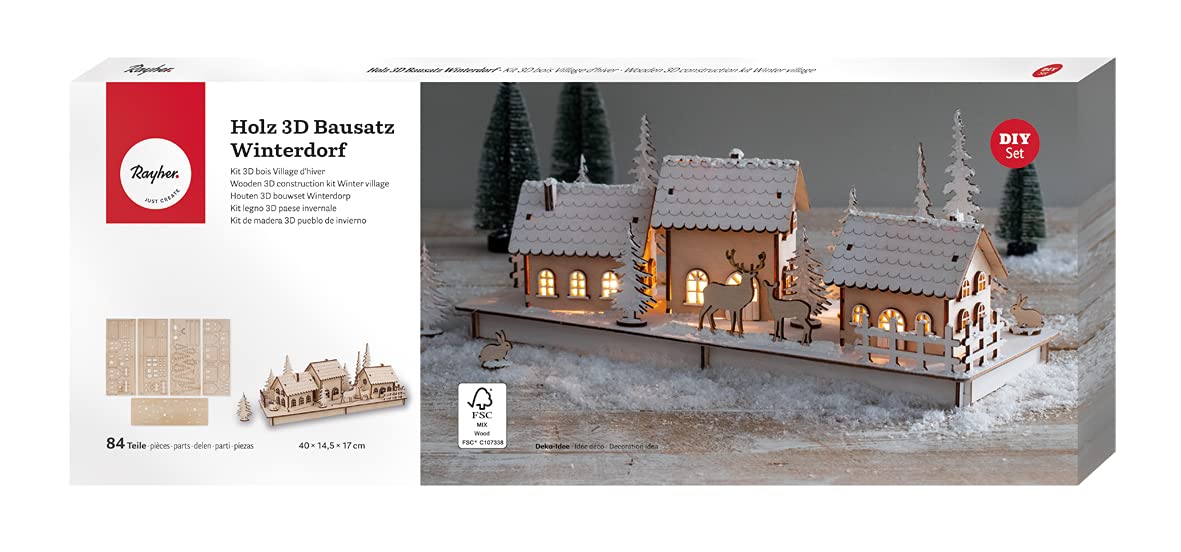 Rayher Maqueta de casas navideñas para montar, 40x14,5x17 cm, pueblo de Navidad en madera, 63158505