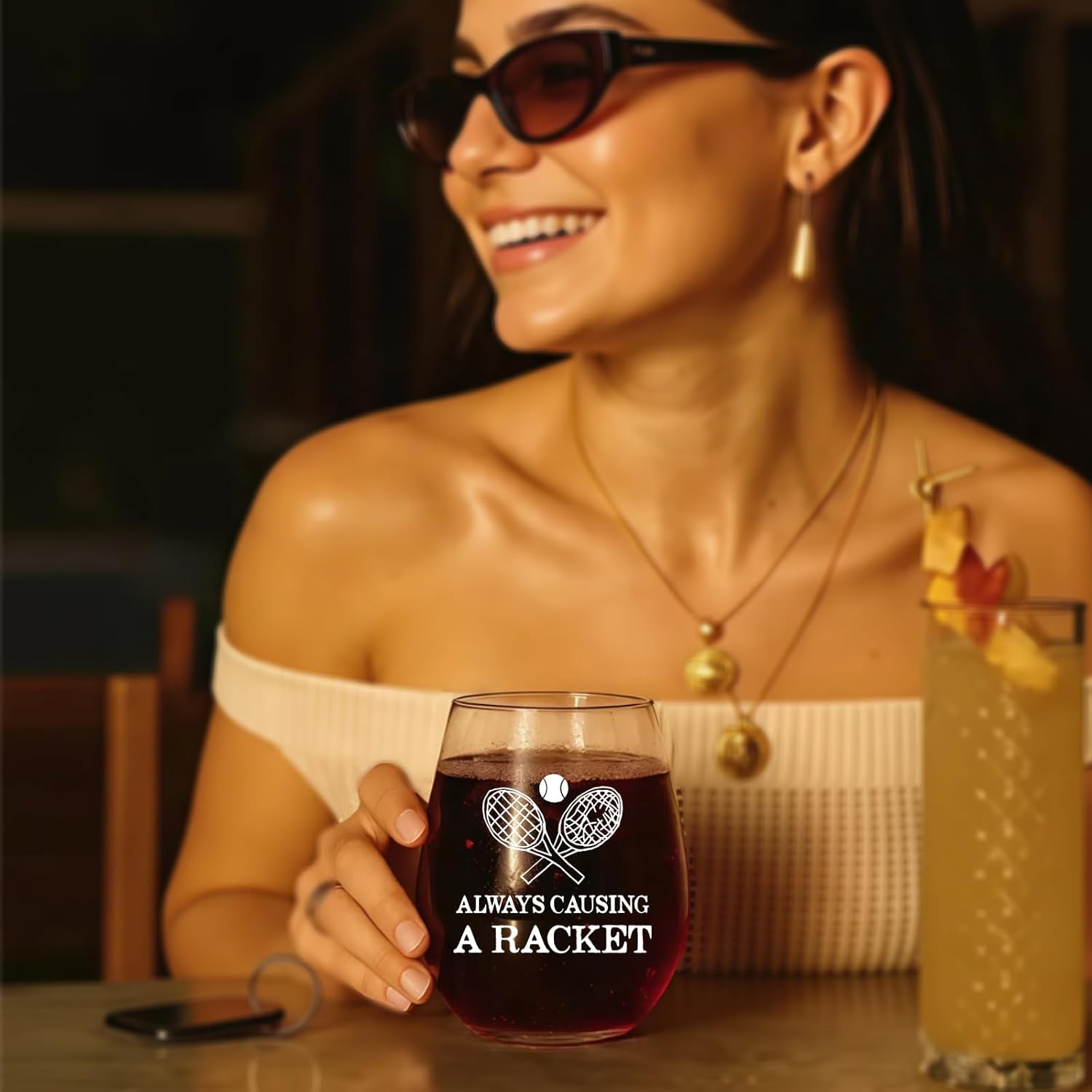 Always Causing A Racket Stemless Wine Glass,Funny Thanksgiving Christmas Gifts for Tennis Lovers Dad Mom Husband Wife-15oz - Image 4