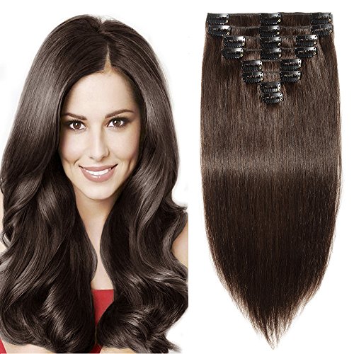 12-18" inch 75g-100g Double Drawn Clip in Human Hair Extensions Remy - 8 Pieces Full Head Straight (12"-75g, 2 Dark Brown)