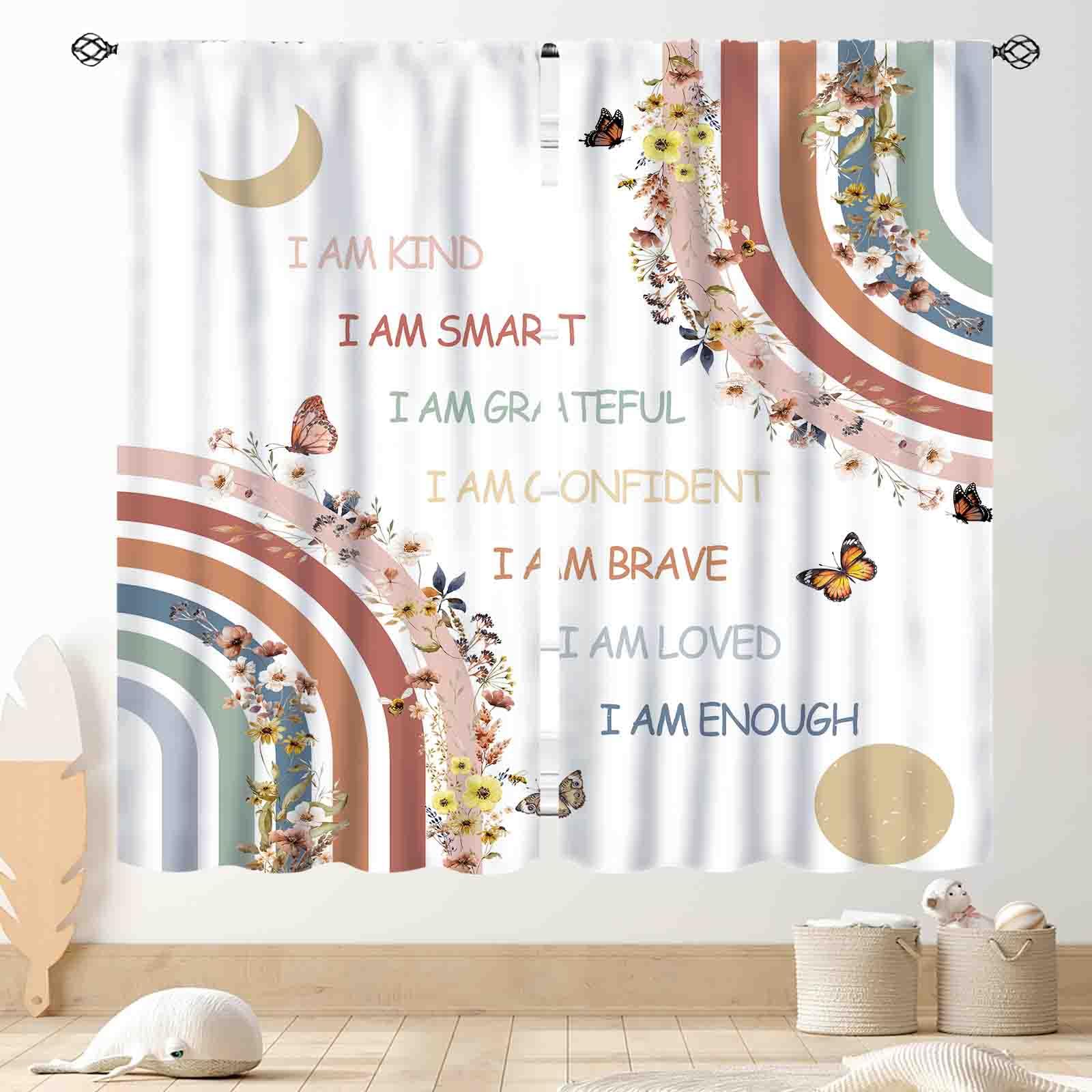 TKUYO Rainbow Curtains for Girls Bedroom, Boho Pastel Pink Colorful Wildflower Watercolor Flower Cute Rainbow Window Drapery for Baby Kids Bedroom Living Room Classroom Nursery Bathroom, 42"x45" Inch