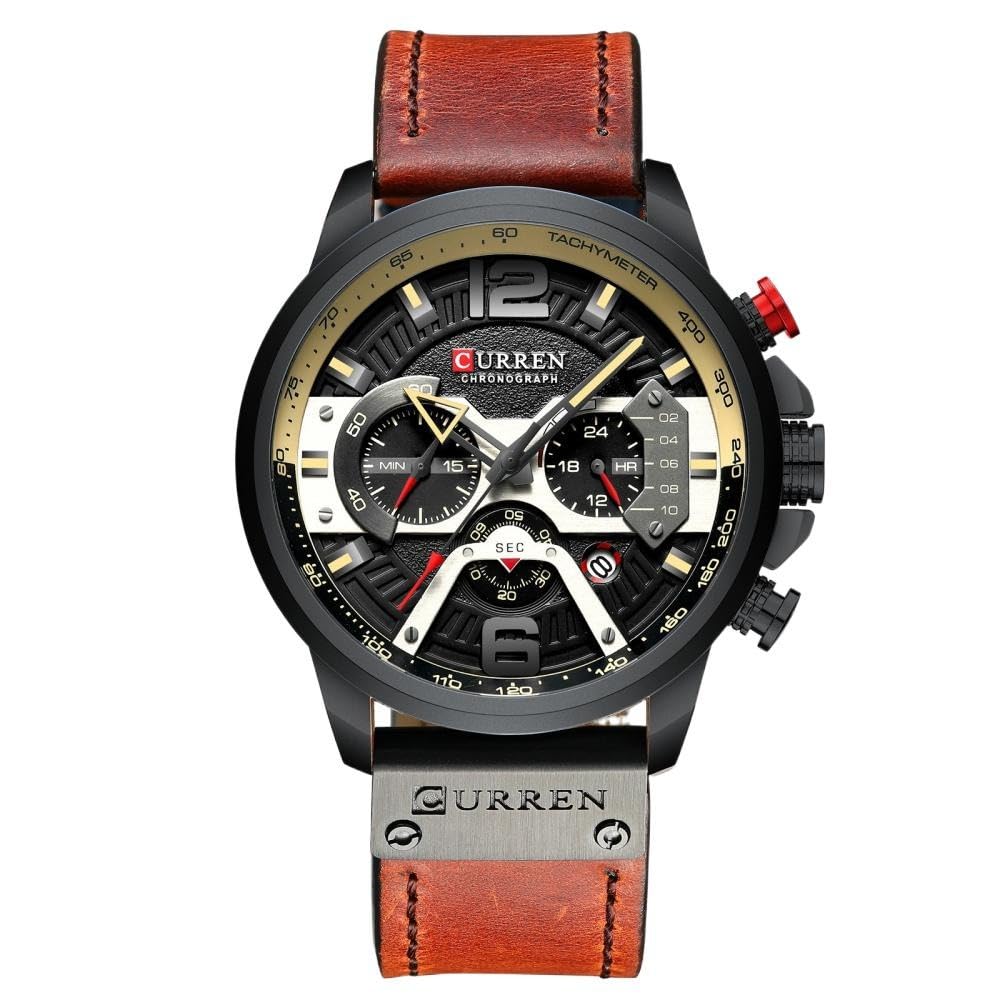 unique design sports chronograph brown leather watch with date and black dial