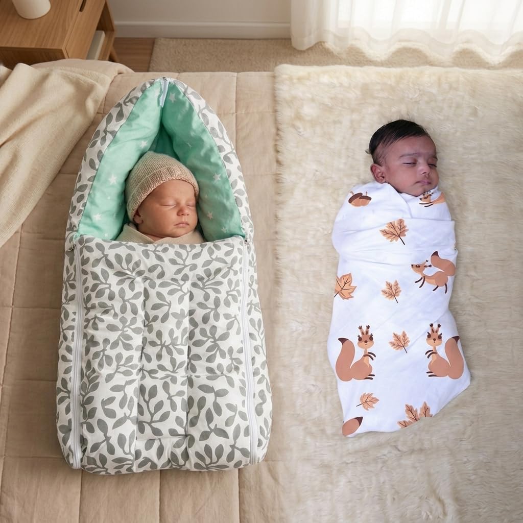 Kridlo 3-in-1 Baby Sleeping Bag & Carry Nest - Yellow Unisex 0-6 Months + 100% Cotton Swaddle Wrap 0-2 Years, Grey Design - Skin-Friendly, Breathable, Multi-Purpose Bedding Set for Newborns