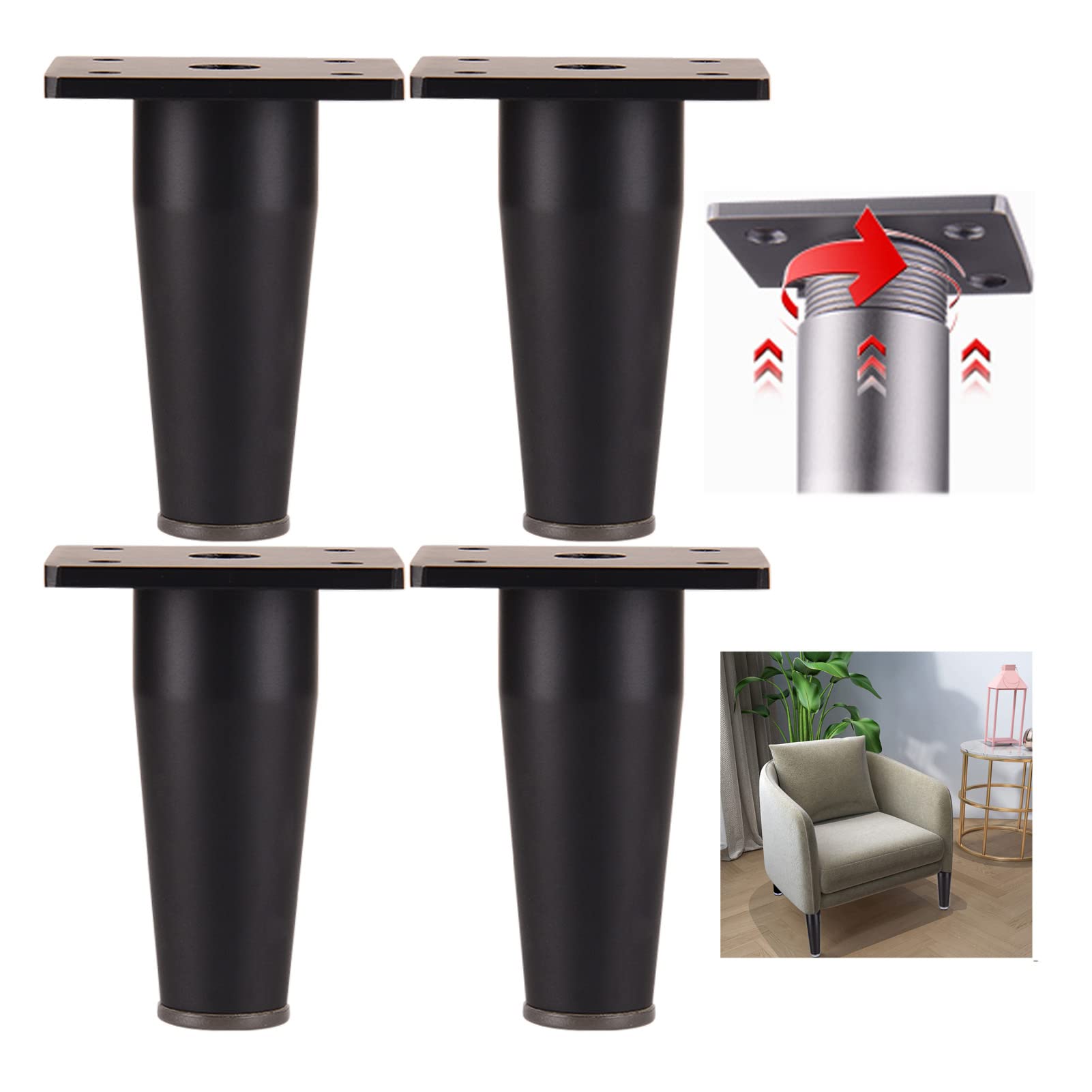 FCXURKOD 4 Pcs Adjustable Metal Furniture Legs 0-15mm Height for DIY Nightstand Sofa Couch Table Chair Ottoman - Black Replacement Feet (7.87in)