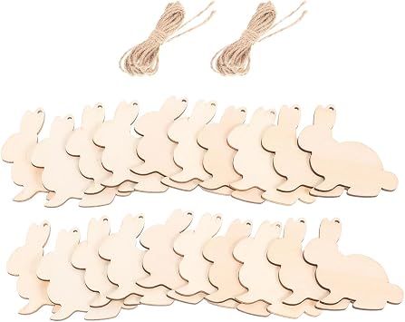 PRETYZOOM 20pcs Unfinished Wooden Bunny Cutouts 3.5x3.1 in with Rope for Easter DIY Crafts, Painting & Decorating, for Home, Classroom & Party