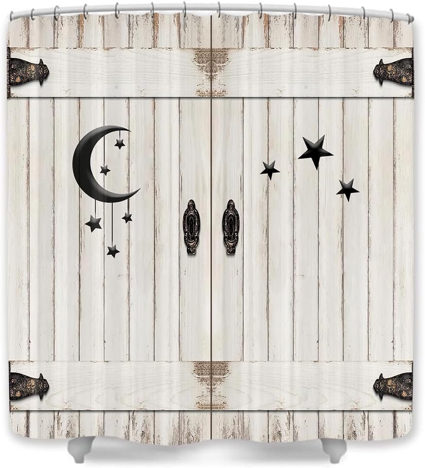 JAWO Country Barn Door Shower Curtain, Rustic Wooden White Wood Islam Crescent Moon and Star Shower Curtain Set, Modern Farmhouse Bathroon Shower Curtain, Fabric Shower Curtain, Hooks Included,