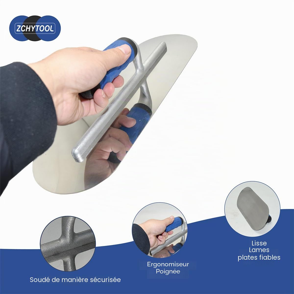 Truelle de lissage ronde en acier inoxydable - 380 x 125 mm - Poignée en caoutchouc - Truelle de nettoyage - Outil de nettoyage pour béton - Outil de lissage et de traitement de