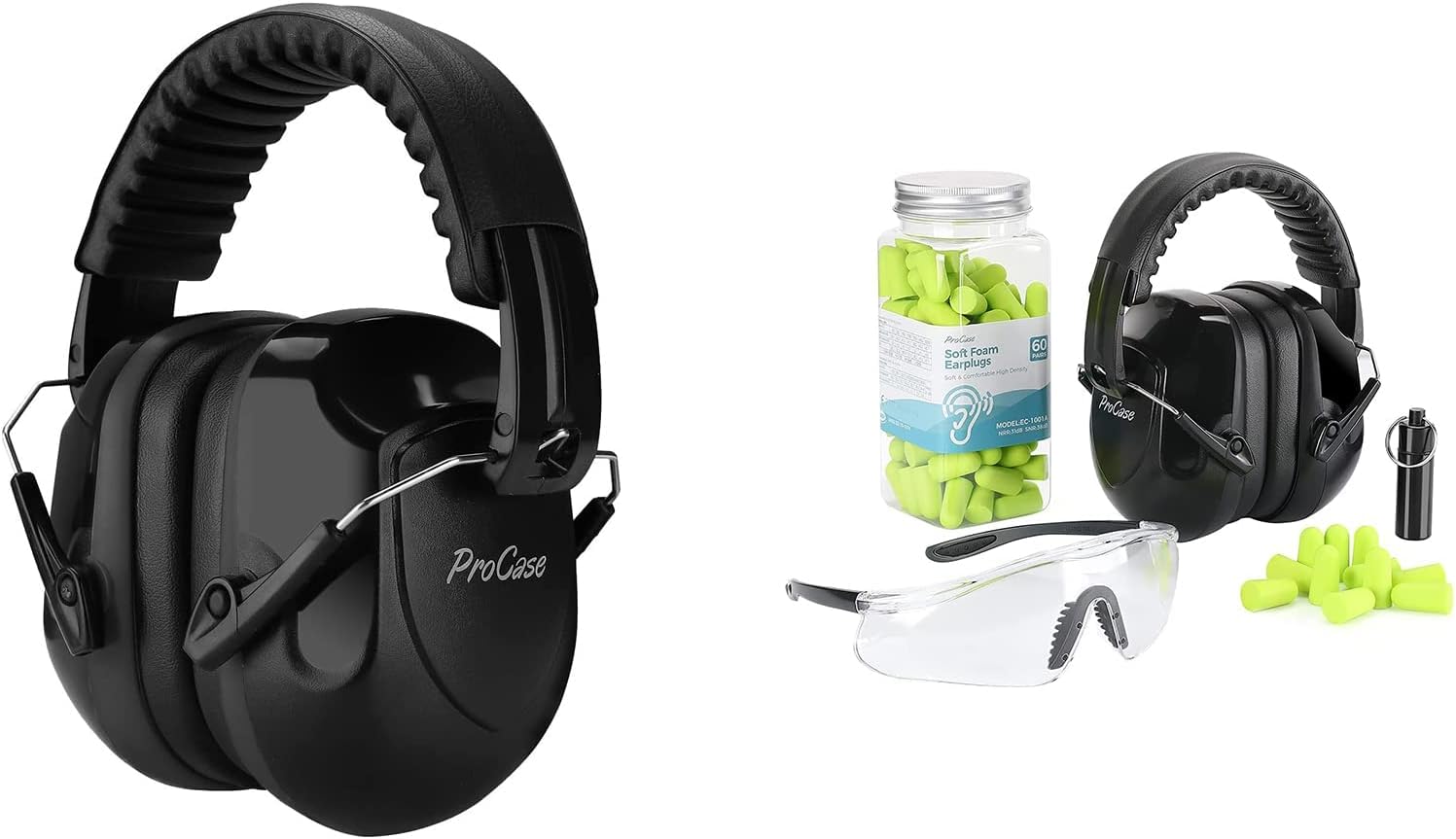 ProCase Noise Reduction Safety Ear Muffs Bundle with Safety Glasses and 60 Pair Ultra Soft Foam Earplugs