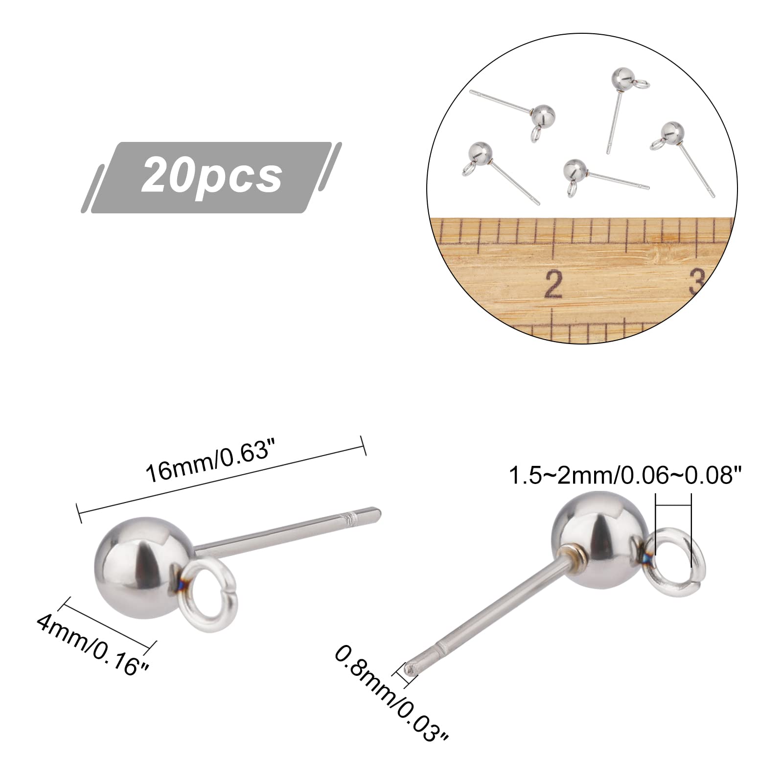 NBEADS 20 Pezzi Base Per Orecchini In Acciaio Inossidabile – Perno Con Sfera E Anello Aperto Per Creazioni Fai Da Te, 12mm