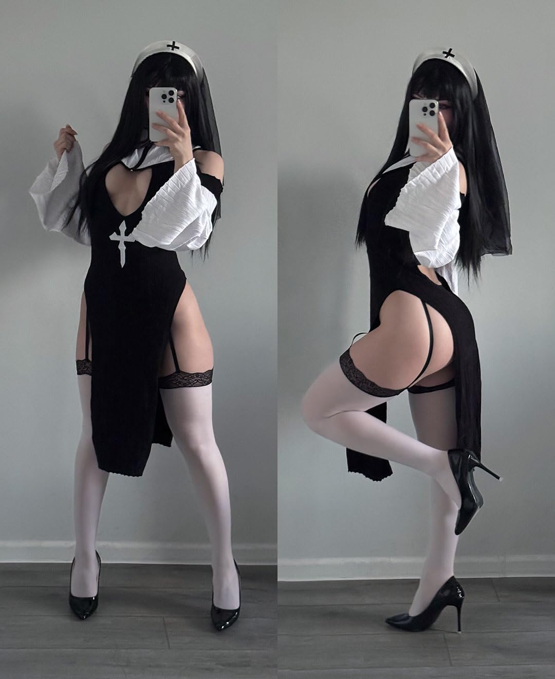 KORURACLUB Costume Sexy da Suora Anime (Set da 3 Pezzi) per Cosplay e Suora Sexy (Nero, XS-M)