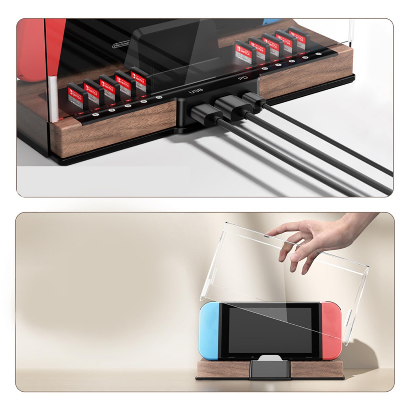 Dockingstation mit staubdichter Hülle, 10 Spielkartensteckplätzen, USB3.0-Anschluss, Multifunktions Dock, Gaming Zubehör, Holzsockel