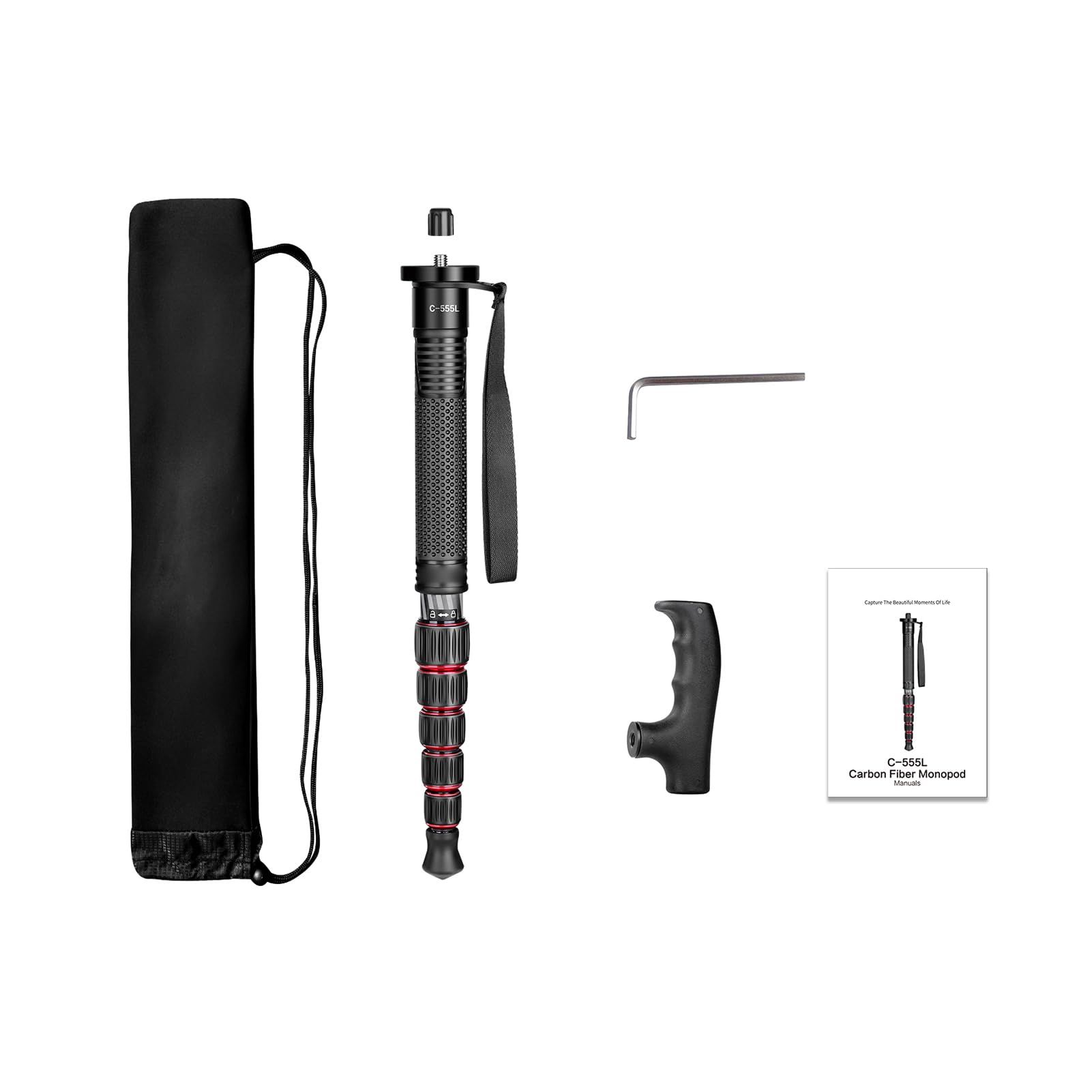 Andoer Monopiede portatile per fotocamera da 61 pollici in fibra di carbonio Fotografia Monopiede per fotocamera Capacità di carico 10 kg 6 sezioni regolabile in altezza con testa rimovibile per