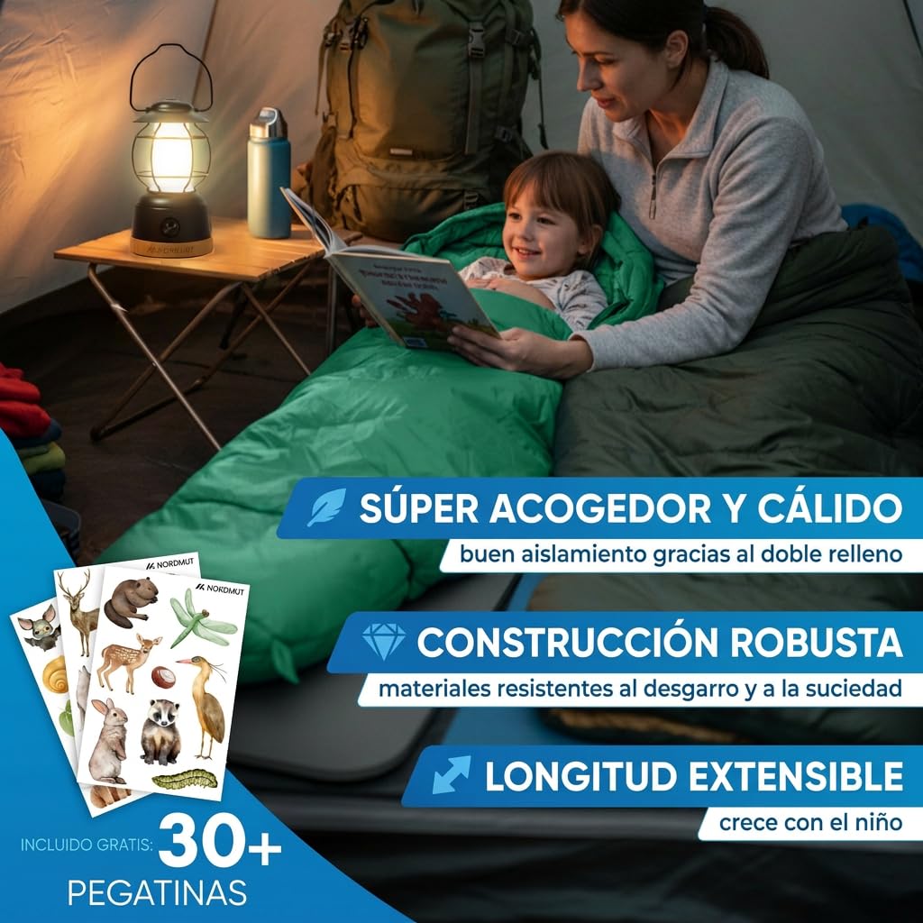 NORDMUT® Saco de Dormir niños – Crece con el niño para protección fiable contra el frío – Materiales no tóxicos – 3 Estaciones niños (200 gsm) para Aventuras al Aire Libre
