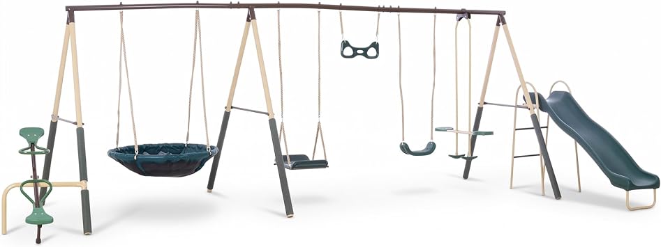 Deerfield Outdoor Playground Swing Set with Slide, See Saw, Trapeze Swing, Fun-Glidr, Swing Seat, and Stand N Swing