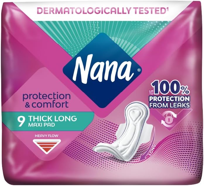 Nana Maxi Thick Long Sanitary Pads, Heavy Flow, Fast Absorption, Maximum protection, Gentle on the skin - 9 Pads