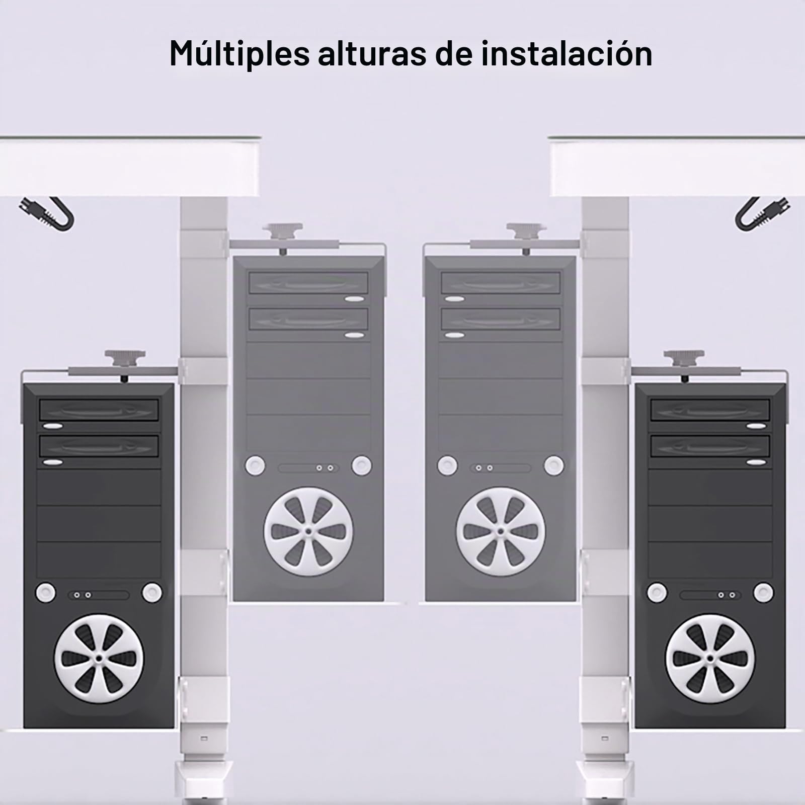 Soporte PC Bajo Escritorio, Instalación sin Taladros, Resistente hasta 18 kg, Ajustable en Altura y Anchura, Soporte Torre PC Bajo Mesa para Escritorios de Pie (Patas de Mesa de 65 x 45 mm) Blanco