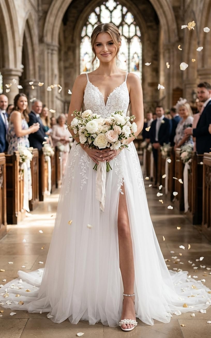 Damen Brautkleider Spaghettiträger Boho Hochzeitskleider Spitze A-Linie Standesamt Kleider