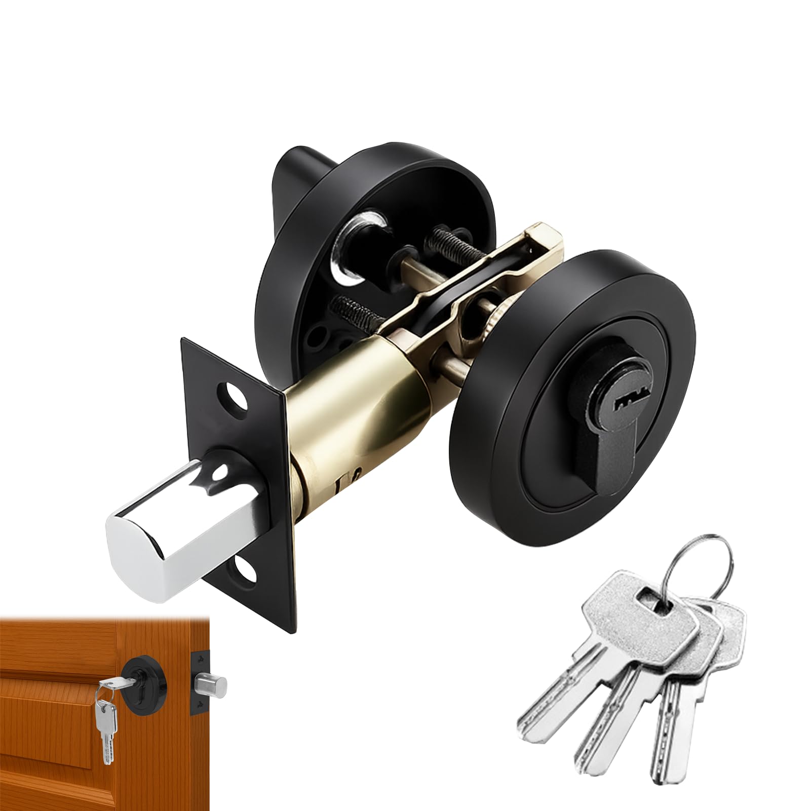 Single Cylinder Deadbolt Black Round Security Door Lock with Key, Zinc Alloy Deadbolt, Standard Size for Bathroom Bedroom