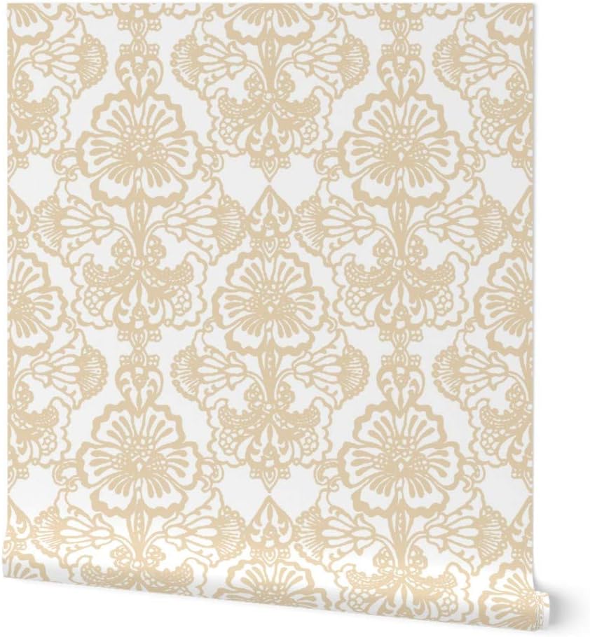 Peel & Stick Wallpaper 3ft x 2ft - Floral Damask Sweet Lace White Beige Tan Custom Removable Wallpaper by Spoonflower