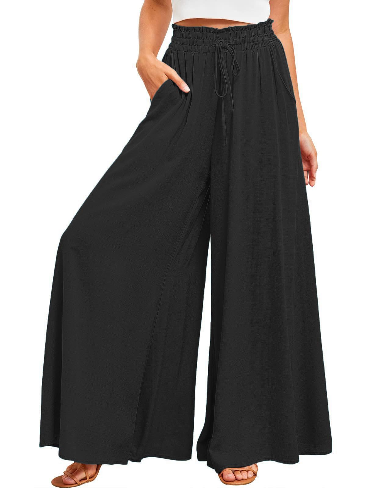 Pantalon à Jambes Larges pour Femmes Pantalon Léger et Décontracté Élégant Pantalons D'été Palazzo à Jambes Larges et Poches