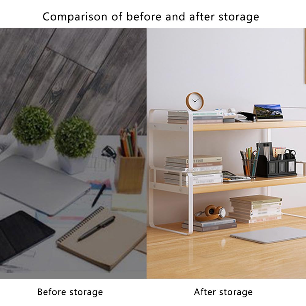 Hggzeg Étagère de bureau en bois à 2 niveaux multi-usages pour le stockage à la maison, au bureau, à l'école (blanc + tronc)