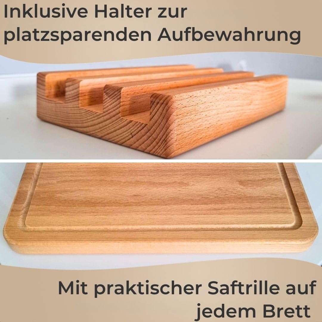 Premium Schneidebrett Set Buche 3-teilig mit Halter Saftrille Holz geölt | Massives Buchenholz, lebensmittelecht, drei Größen 27/30/40 cm , stabile 1,8 cm Stärke, natürliche Holzoptik, Servierbrett