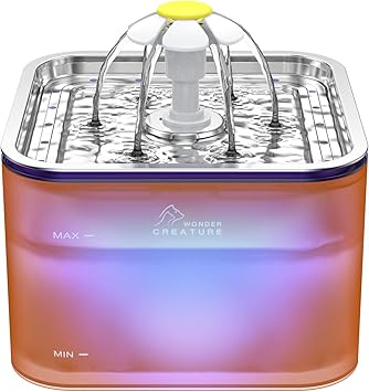 Crystal Cat Water Fountain Stainless Steel, 101oz/3L Pet Fountain with LED Light for Cats and Dogs (Orange)