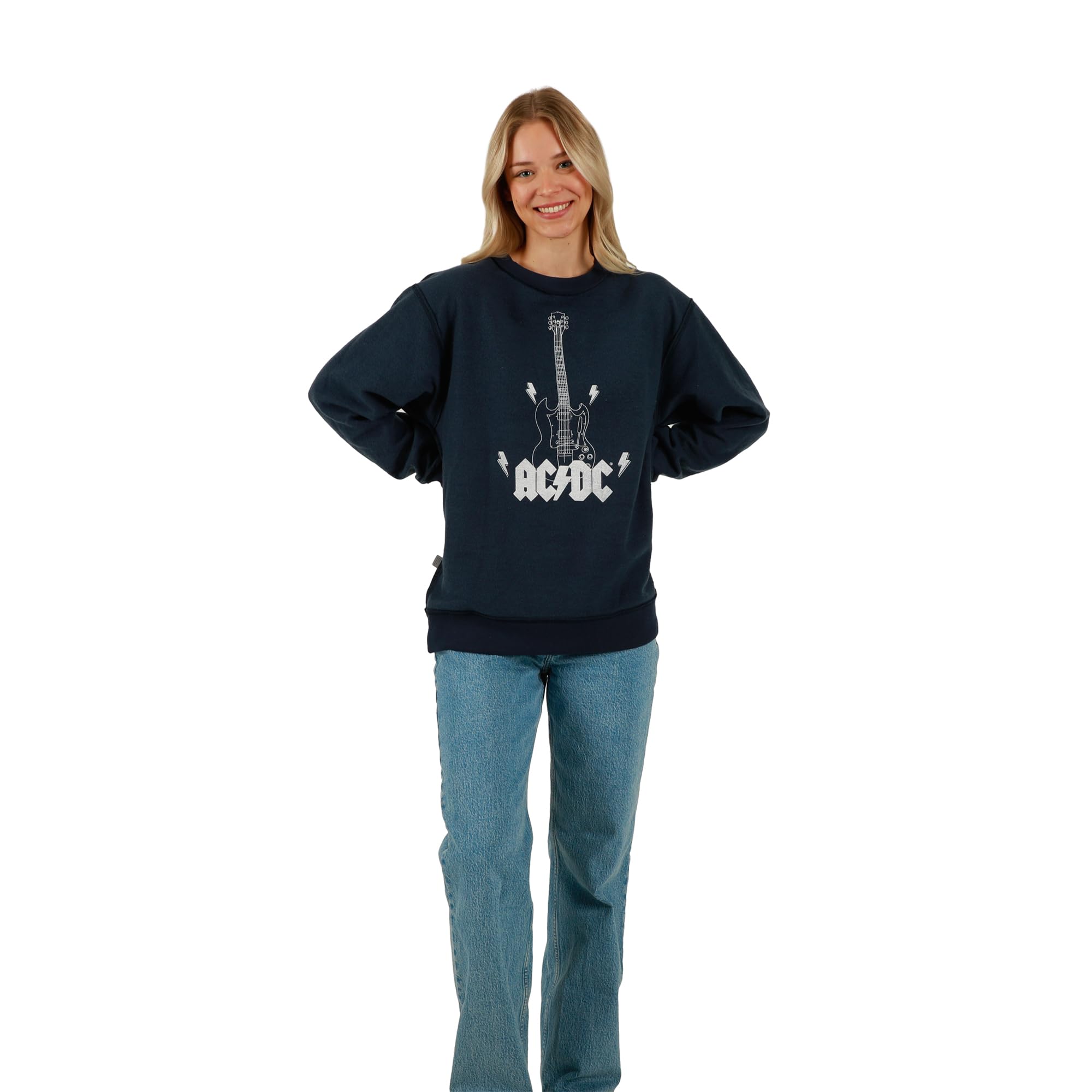 Bioworld ACDC Guitar & Band Logo Girocollo Manica Lunga Grigio Donna Oversize Reversibile Pullover Felpa