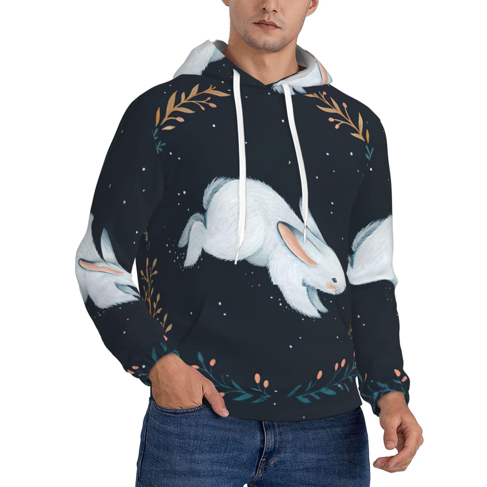 Pull à capuche en polaire pour hommes avec imprimé lapin - 8