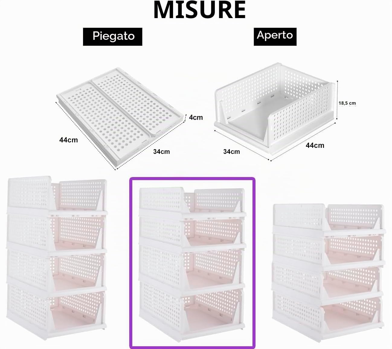 Organizzatore per Armadio Impilabile. Confezione da 4 Scatole Porta Abiti. Cassetti Pieghevoli in Plastica. Le Scatole Organizer Risparmiano Spazio. (L (44x34x18,5))