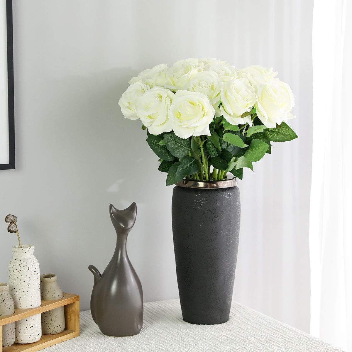 White Fake Roses Artificial Flowers - 10 Pcs Fake Artificial Roses Silk Flowers with Stems for Home Wedding Hotel Office Centerpiece Decor - Image 4