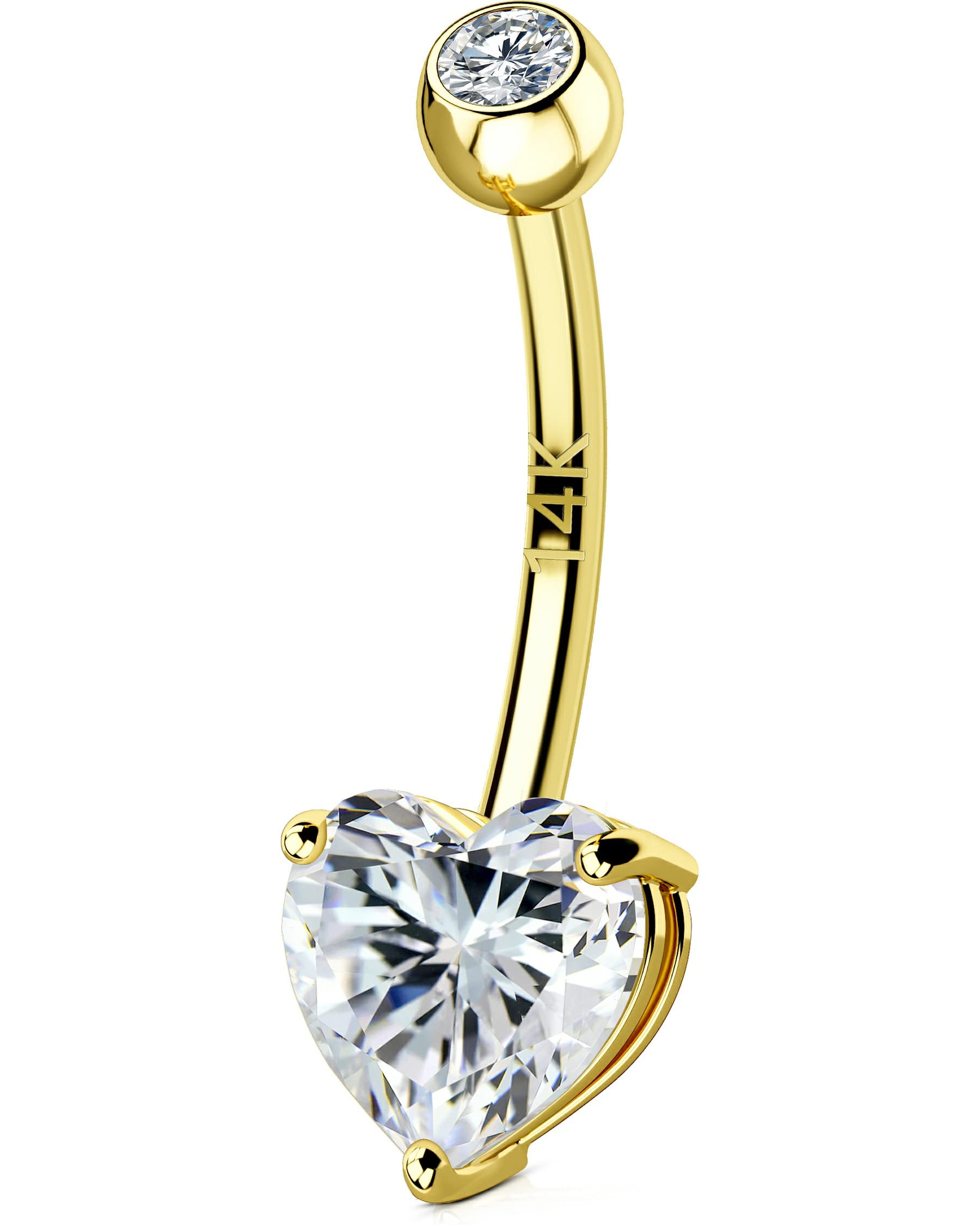 OUFER Gold Belly Button Rings, 14K Solid Gold Internally Threaded Belly Rings, Heart Shaped Belly Button Piercing, Clear CZ Belly Piercing Jewelry,