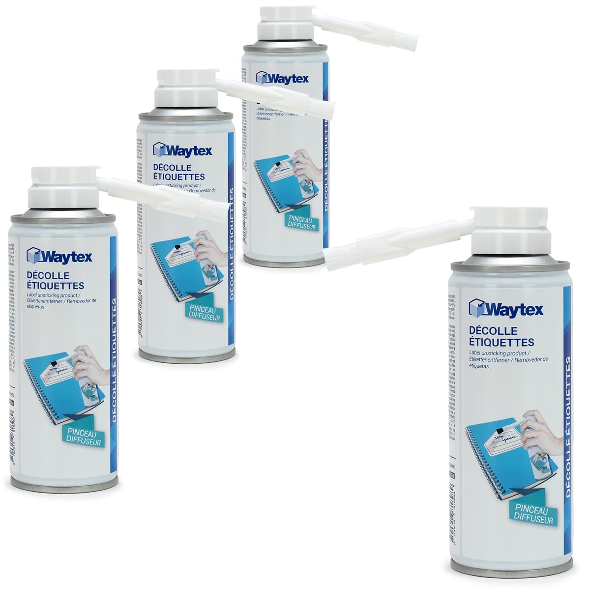 Pack 4 Décolle Étiquettes Waytex 200ml – Pour étiquettes, colle, résine - Pinceau diffuseur, enlève résidus de colle – Efficace sur métal, plastique, verre, alu, stratifié