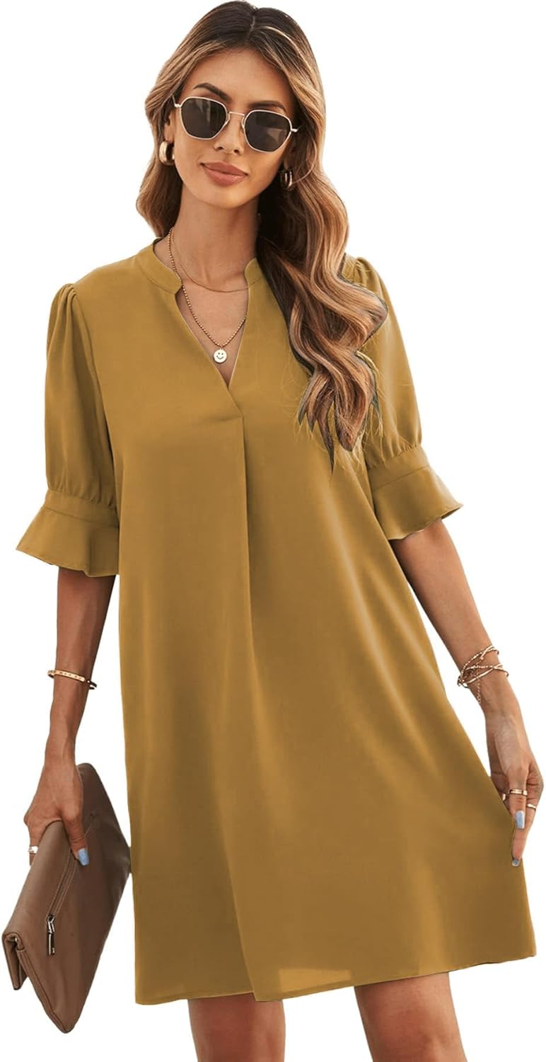 V Neck Puff Sleeve Shirt Dress