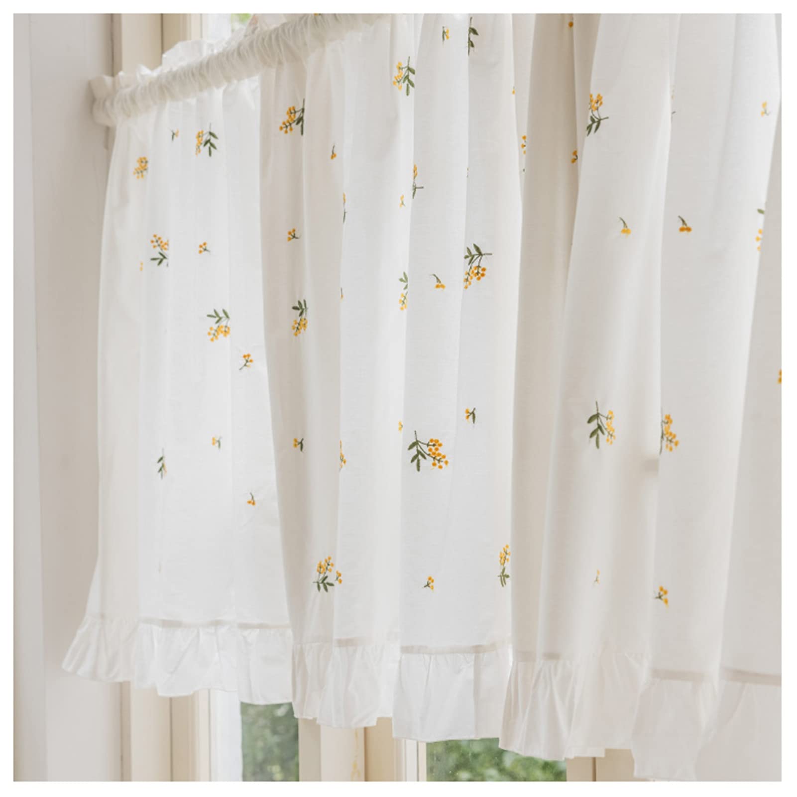 Rideau brodé de Fleurs françaises avec Volants, Rideau Court de Cuisine en Coton Rustique pour Salle de Bain, bistrot, Demi-Rideau pour Petites fenêtres (Color : Jaune, Size : WxH 135x140cm/53x55in