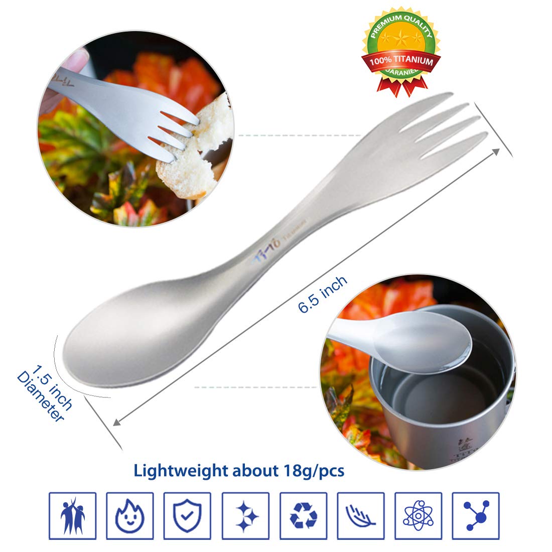 TiTo Titanium Spork 2-in-1 Spoon,Fork and Knife Lightweight Camping Utensil,Eco-Friendly Flatware for Outdoor Traveling,Hiking,Backpacking and Picnics with Cloth Case (Round,1 Pack)