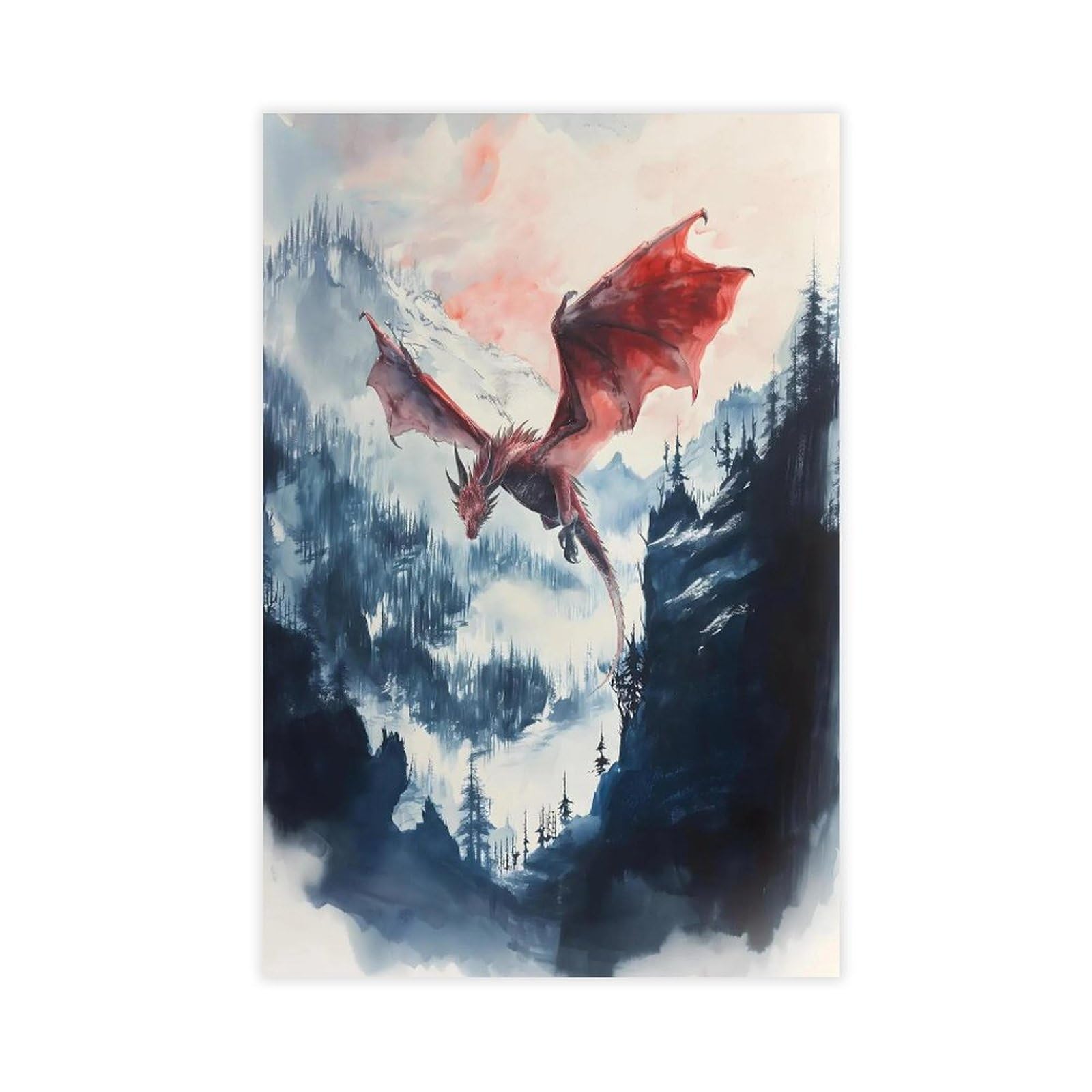 Bareronor Mystic Dragon Watercolor Poster Canvas Poster Bedroom Decor Landscape Office Room Decor Gift 24" L X 36" W
