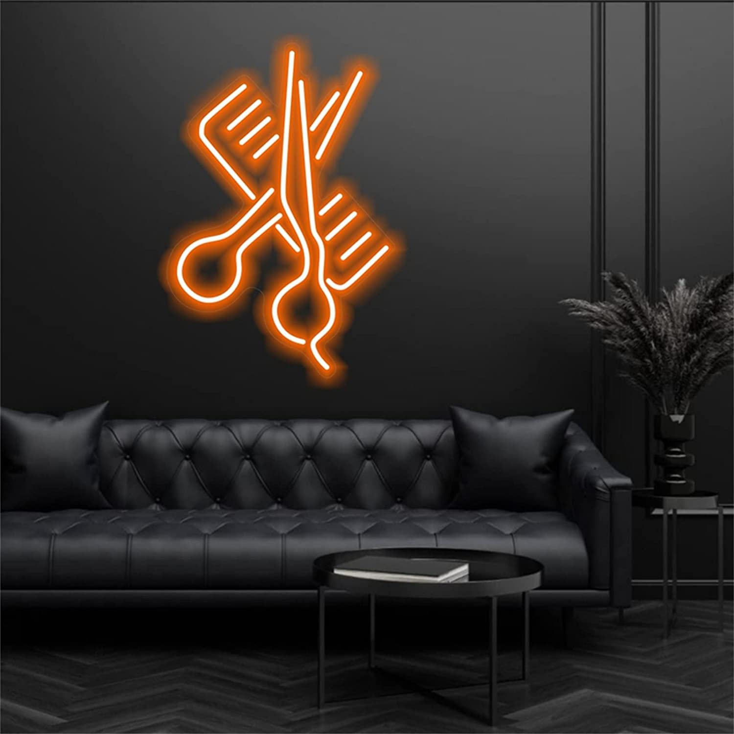 Letrero de neón de barbería de 50X34 cm con luces LED de tijera y peines USB