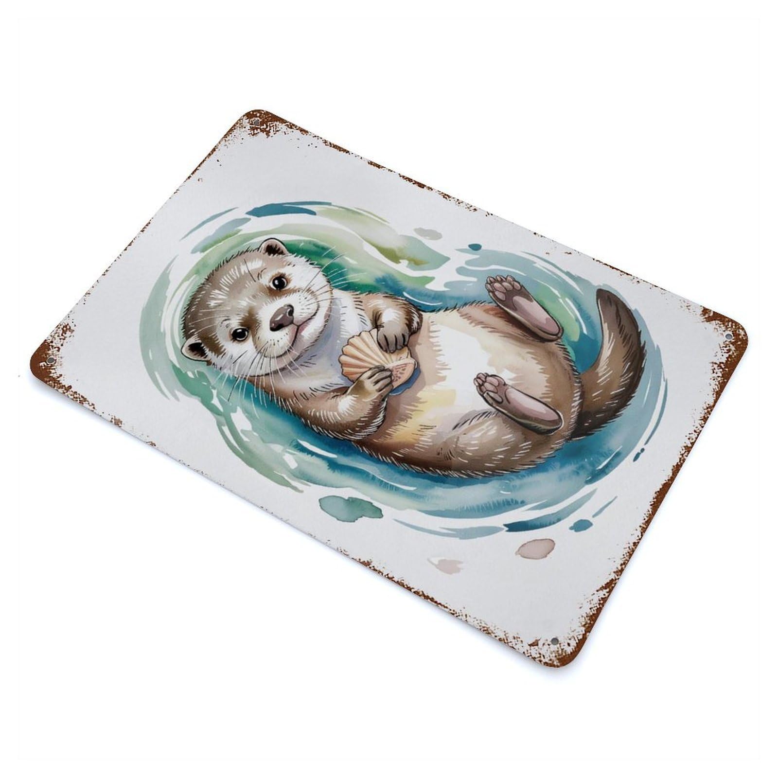 Cute Otter Watercolor 11.8"x7.9" Retro Metal Sign, Industrial Home Decor for Basement, Hobby Room And Garage Decor
