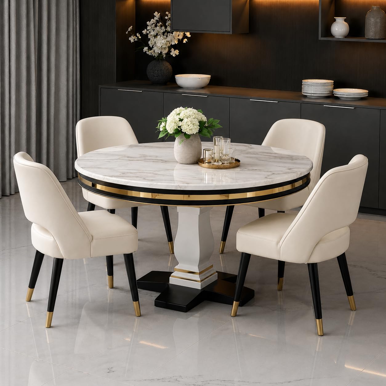 RK Wood Round Dining Table Set of 4, Dining Table 4 Seater, Velvet Upholstered Chairs,4 Seater - Italian Sunmica Marble Finish with Beige Colour Chairs-image-16