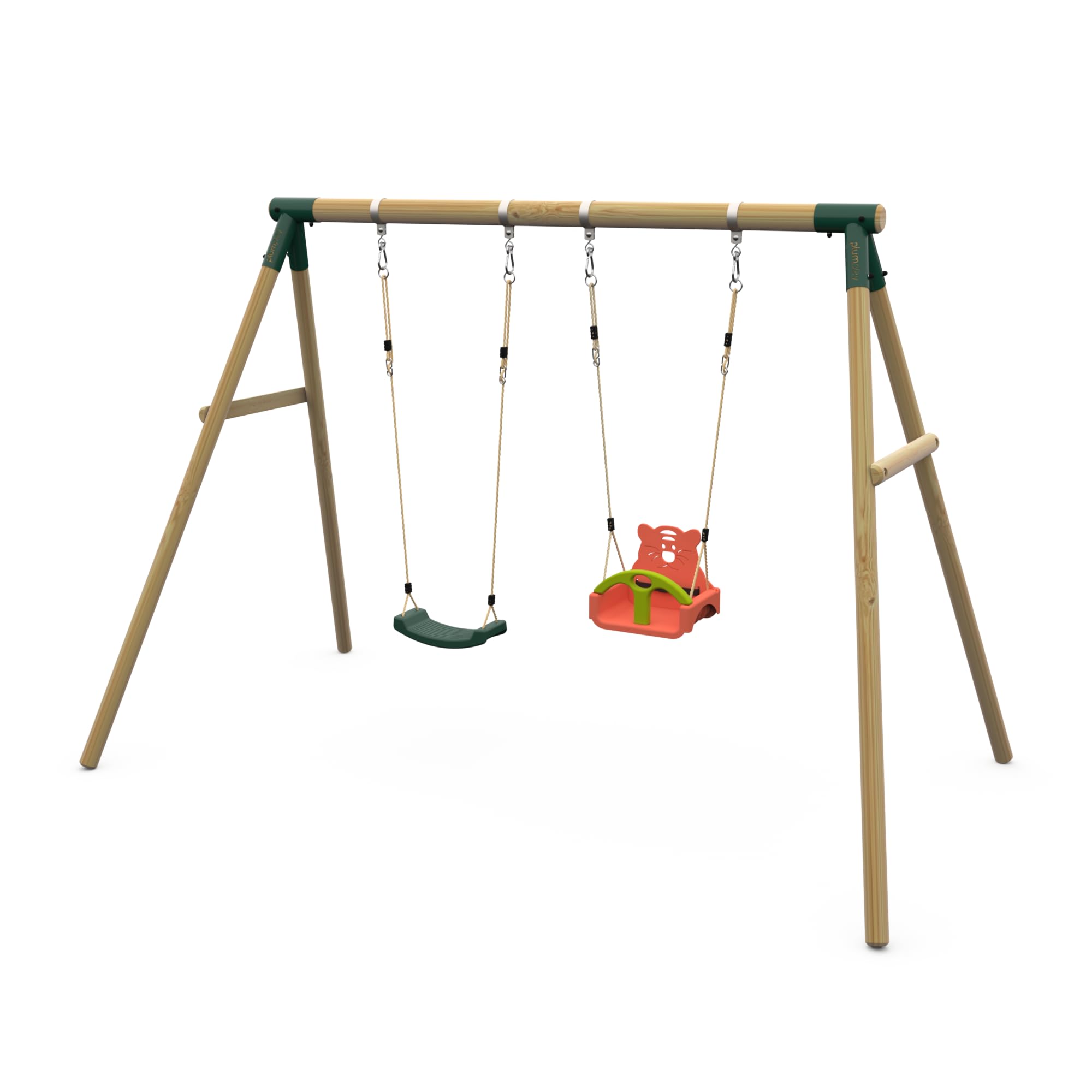 Plum Play Kids Outdoor Wooden Round Pole Garden Swing Set with Ground Anchors- Safe Sturdy A Frame-Up to 50kg user per accessory - Up to 5 year Warranty (Double Frame with 3 in 1 Baby Seat)