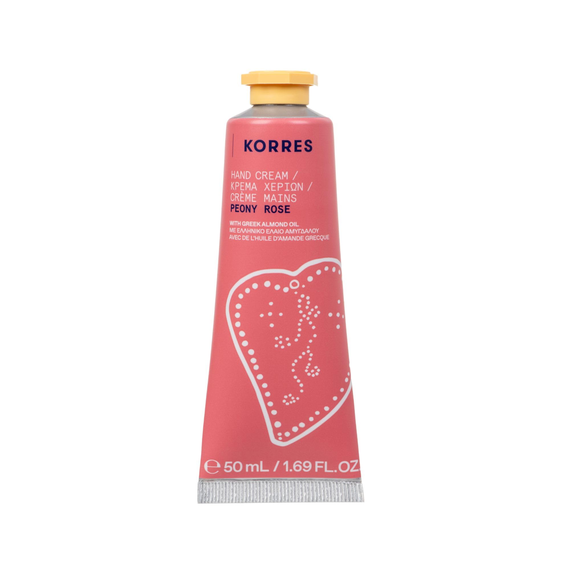 KORRES PEONY ROSE Crema mani, crema mani nutriente con olio di mandorle dolci, delicato profumo di peonia e rosa, senza siliconi e parabeni, a rapido assorbimento, per mani morbide come la seta, 50 ml
