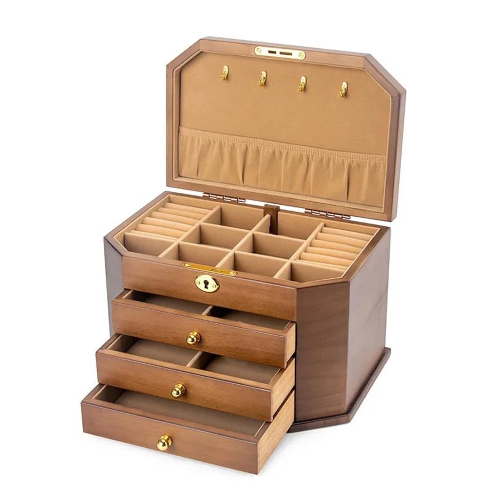 Caja para Anillos de Madera Maciza, Almacenamiento de Joyas con Cerradura, Pendientes y Collares, Gran Capacidad, Cajas Sencillas de Estilo Vintage para joyería.