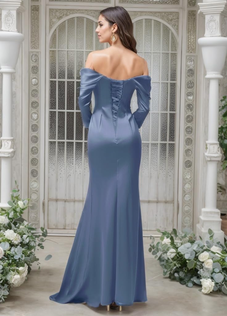 Women's Off Shoulder Satin Prom Dresses Long Sleeve Memraid Long Formal Evening Gowns with Slit Emerald Green Size8 EL009