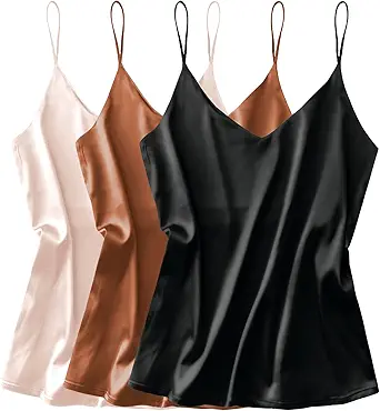 Ekouaer 3 Pack: Womens Silk Satin Tank Top V Neck Camisole Cami Spaghetti Strap Top Loose Sleeveless Blouses Tank Shirt