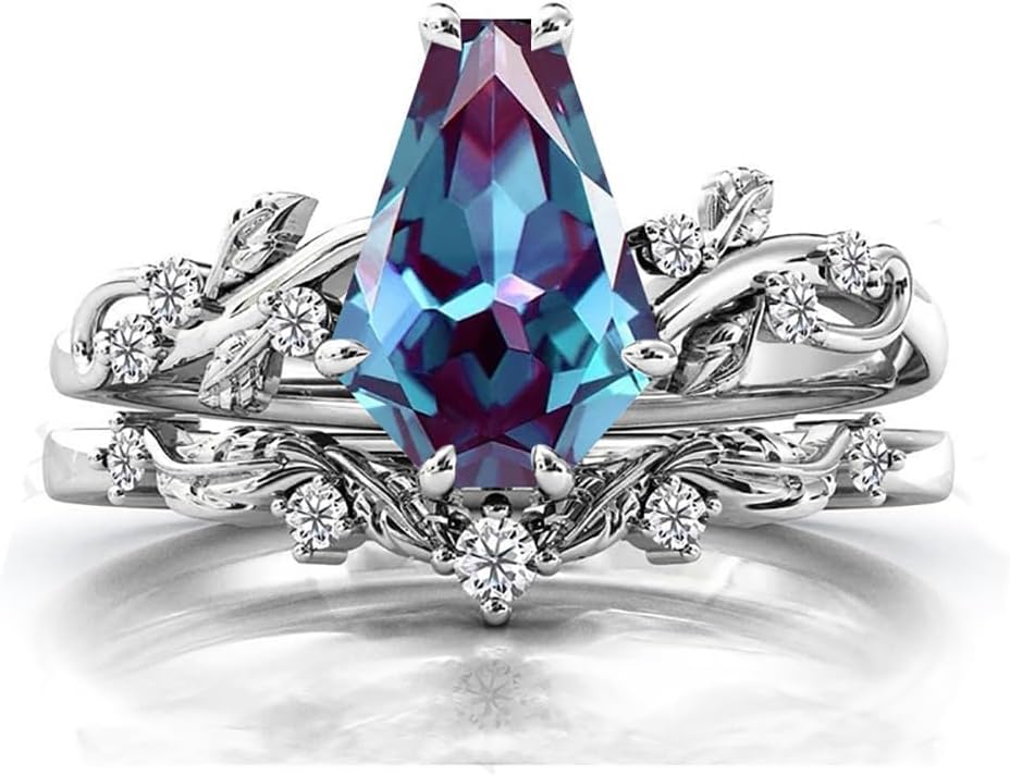 Alexandrite Engagement Ring Set with Real Diamond10k 14k 18k soild Gold Ring for Her,Wedding Bridal Promise Ring for Women Jewelry Gift for Her (G-H Color, I2-I3 Clarity)