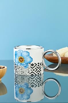 Cooker 200 ml  i ek Desenli G m  Kulplu Porselen Kupa Bardak, Mavi