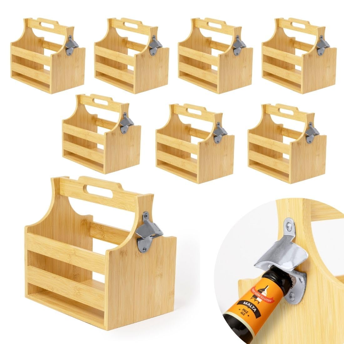 Genérico Pack 8 Portabotellas de Bambú para 6 Botellines con Abridor | Soporte para Cervezas y Bebidas | Ideal Hostelería, Bares y Restaurantes | Caja Transporte con Asa