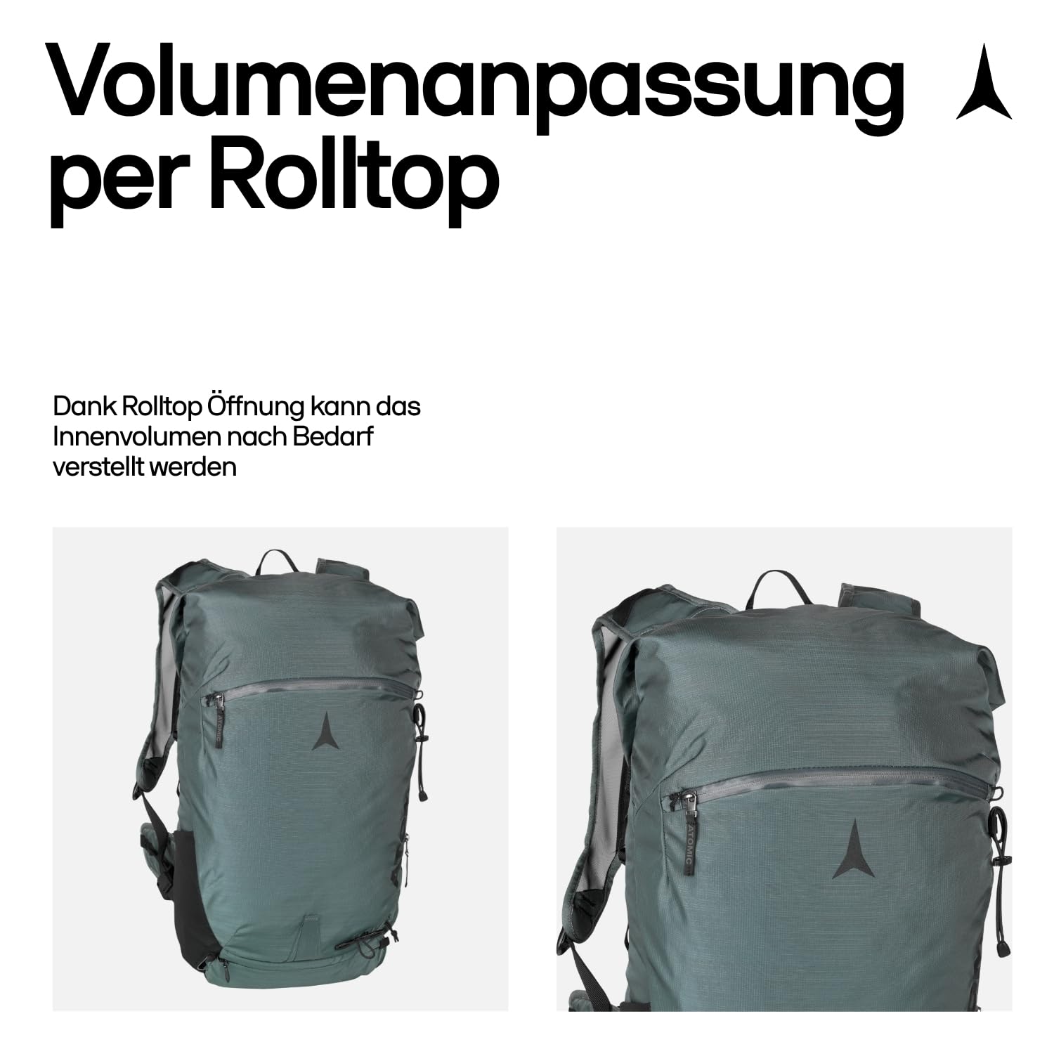 ATOMIC Backland 22+ Green/Grey I leichter Skitouren-Rucksack mit Rolltop-Verschluss I alpiner Wanderrucksack mit mehr als 22L Stauraum I robuster & vielseitiger Ski-Rucksack mit Hüftgurt