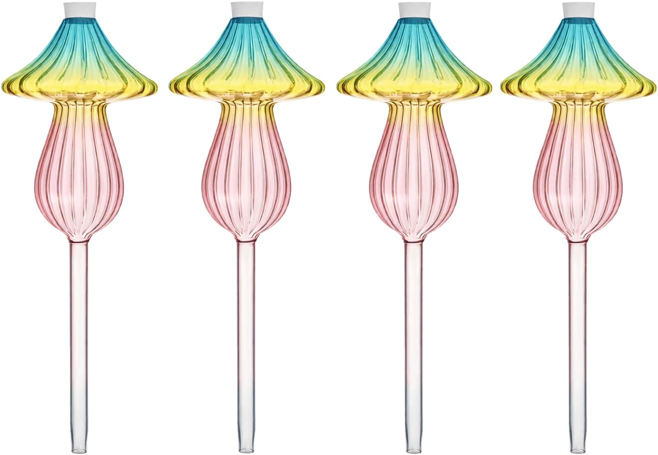 4 PCS Glass Plant Watering Globes Mushroom, Watering Bulbs for Indoor Plants, Rainbow Gradient Color Glass Mushroom Watering Bulbs, for Vacation Plant Care.